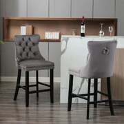 2X Velvet Bar Stools With Studs Trim Wooden Legs Tufted Dining Chairs Kitchen Grey