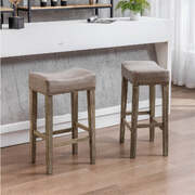 2X Wooden Legs Saddle Bar Stools Leather Padded Counter Chairs With Studs 74.5Cm Height Grey