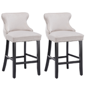 2X Velvet Upholstered Button Tufted Bar Stools With Wood Legs And Studs-Beige