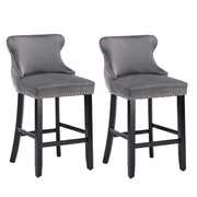 2X Velvet Upholstered Button Tufted Bar Stools With Wood Legs And Studs-Grey