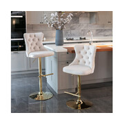 Set Of 4 Beige Height Adjustable Swivel Bar Stools With Golden Base