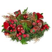  26cm Christmas Centrepiece Lush Green Holiday Display w/Red Berries & Hurricane Candle