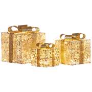  Set of 3 Battery Operated Golden Christmas Gift Boxes w/Warm White LED Lights
