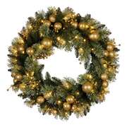 61cm Christmas Wreath Glittery Tipped with LED Lights and Golden Baubles Front Door