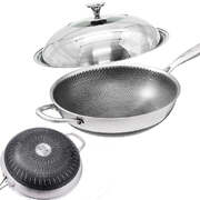 304 Stainless Steel Non-Stick Stir Fry Cooking Kitchen Wok Pan With Lidb Double Sided