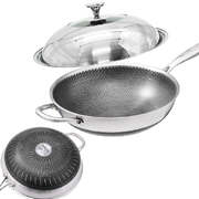316 Stainless Steel Non-Stick Stir Fry Cooking Kitchen Wok Pan With Lid Double Sided