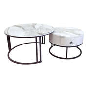 Snowy Mountain  Marble Slate Nesting Coffee Table Set Leather Wrapped Wood Drawers