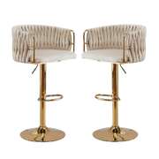2x Height-Adjustable Ivory Velvet Swivel Bar Stools w/ Gold Base
