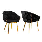 Black Modern Velvet Dining Chairs Upholstered Living Room Chair with Woven Back and