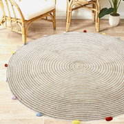 Vibrant Multicolour Pompom Rug: Round Woven Jute Cotton Blend - 120 cm
