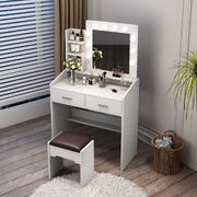 Vanity Set With Shelves Cushioned Stool And Lighted Mirror- White