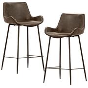 Set Of 2 Pu Leather Upholstered Bar Chair Metal Leg Stool - Brown