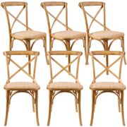 Crossback Dining Chair Set Of 6 Solid Birch Timber Wood Ratan Seat - Oak