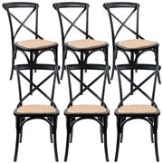 Crossback Dining Chair Set Of 6 Solid Birch Timber Wood Ratan Seat - Black