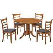 5Pc Dining Set 106Cm Round Pedestral Table 4 Fabric Seat Chair - Walnut