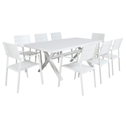 9Pc 200Cm Outdoor Trestle Dining Table Chair Set Aluminium Frame White