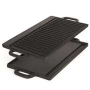 40 cm reversible cast iron grill & griddle -dual-sided (flat & ribbed), pre-seasoned, handles, for stove-top & outdoor use