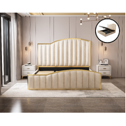 Elegant Luxury King Size Bedframe In Beige With Gas Lift Storage