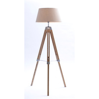 Natural Large Tripod Floor Lamp With Beige Linen Shade