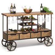 Industrial Style Wooden Bar Cart Drinks Trolley Station With Wine Bottle Rack