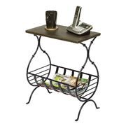 Black Iron Narrow Side Table with Magazine Storage and Gold Finish Top