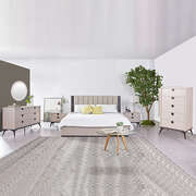 Queen 5 Pcs Bedroom Suite Fabric Upholstery Mdf Combination Of Champagne And Black Colour