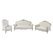 Oak Wood White Washed Finish Rolled Armrest 3+2+1 Seater Sofa Set Linen Fabric