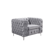 Grey Velvet Button-Tufted Armchair With Metal Legs