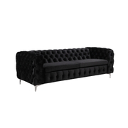 3 Seater Sofa Classic Button Tufted Lounge in Black Velvet Fabric with Metal Legs