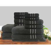 14Pc Classic Dobby Stripe Cotton Towel Set 650Gsm Charcoal