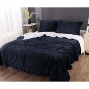 Stripe Flannel Sherpa Blanket Queen Navy