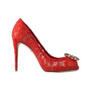 Red Taormina Lace Crystal Heels Pumps - Dolce & Gabbana Femme