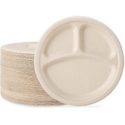 Disposable Sugarcane Bagasse 3-Compartment Paper Plates Eco 23Cm (9")