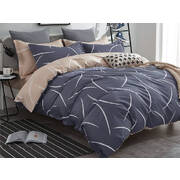 Queen Size Cotton White Curved Pattern Blue Grey Quilt Cover Set (3PCS)