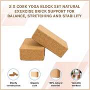 2 x Cork Yoga Block Set Natural Exercise Brick Support for Balance, Stretching and Stability