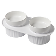 Ribbed Ceramic Double Pet Bowl 3Pc Set - White