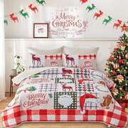 Santa & Reindeer Christmas Queen Bedspread Set