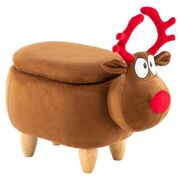 Deer Ottoman Storage with Wooden Footrest-Brown