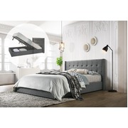 Double Sized Winged Fabric Bed Frame with Gas Lift Storage in Light Grey