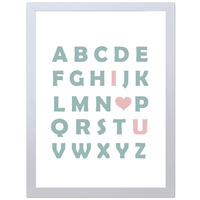 Alphabetic I Love U (Green-Pink, 297 x 420mm, White Frame)