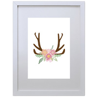 Antlers Roses Watercolor (210 x 297mm, White Frame)