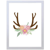 Antlers Roses Watercolor (297 x 420mm, White Frame)