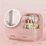 Pink LED Vanity Makeup Organizer with Partition Storage and Touch-Control Mirror