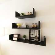 3 Black MDF U-shaped Floating Wall Display Shelves Book/DVD Storage