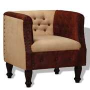 Armchair Brown and Beige Real Leather and Fabric