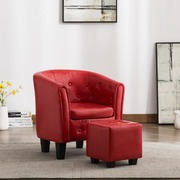 Tub Chair with Footstool Red faux Leather