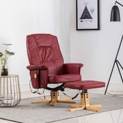 TV Massage Recliner with Footstool Wine Red faux Leather