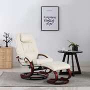Massage Recliner with Footstool Cream White faux Leather