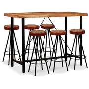 7 Piece Bar Set Solid Sheesham Wood, Genuine Leather & Canvas
