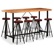 9 Piece Bar Set Solid Sheesham Wood and Genuine Leather